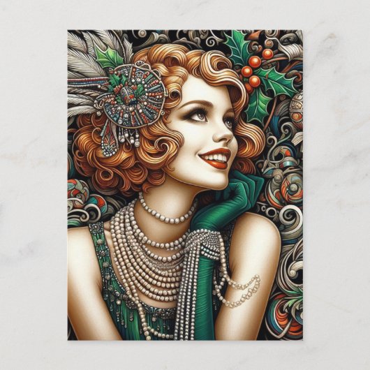 Prachtige kerst Flapper Vrouw Groene Jurk Briefkaart (Voorkant)
