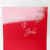 Prachtige Kerst Roze Gouden Takjes Rode Bruiloft Drieluik Uitnodiging (Binnenzijde eerst)