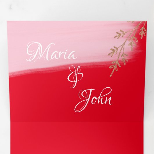 Prachtige Kerst Roze Gouden Takjes Rode Bruiloft Drieluik Uitnodiging (Binnenzijde eerst)