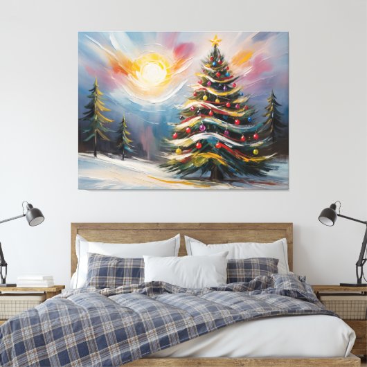 Prachtige kerstboom in Snowy Wonderland Canvas Afdruk (Insitu (Slaapkamer))