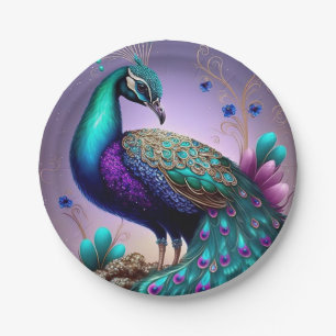 Prachtige kleurige Peacock Peafowl Bird Willife Papieren Bordje