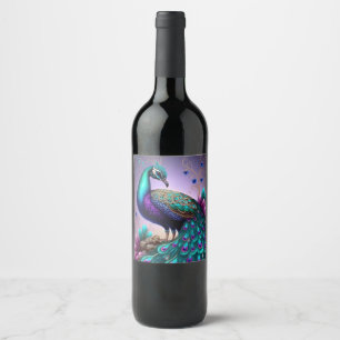 Prachtige kleurige Peacock Peafowl Bird Willife Wijn Etiket