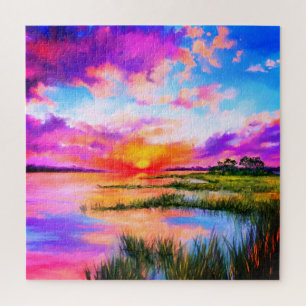 Prachtige Lake Sunset Landschap Schilderij Puzzel