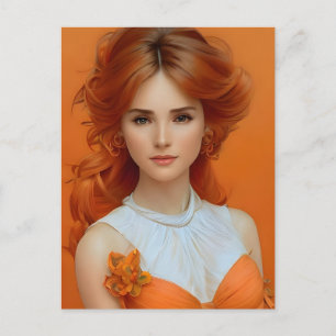 Prachtige Langharige Vrouw in Oranje Mode Model Briefkaart