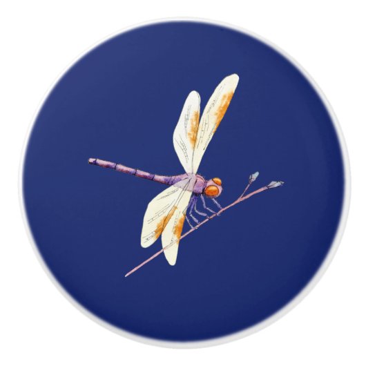 Prachtige libel op tak op donkerblauw keramische knop (Voorkant)