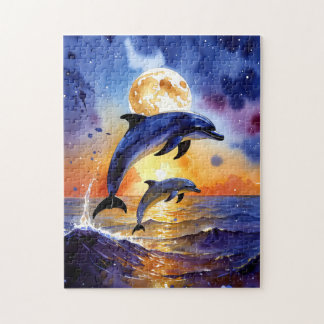 Prachtige maanverlichte dolfijnen bij zonsondergan legpuzzel
