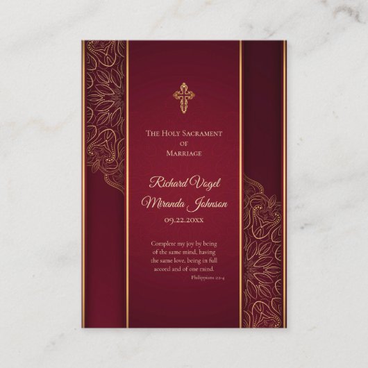 Prachtige Maroon Gold Catholic Wedding Prayer Kaar Plaatskaartje (Voorkant)