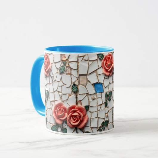 Prachtige Mozaïek Pin en Blauwe Rozen Patroon Mok (Voorkant links)