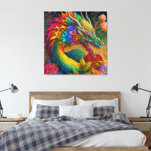 Prachtige Neon Floral Dragon Canvas Afdruk (Insitu (Slaapkamer))
