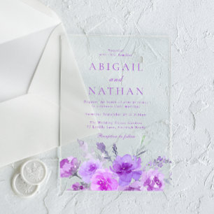 Prachtige paarse lavendel bloemige bruiloft acryl uitnodigingen