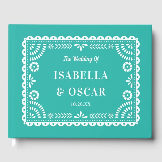 Prachtige Papel Picado Aqua bruiloft Gastenboek (Voorkant)