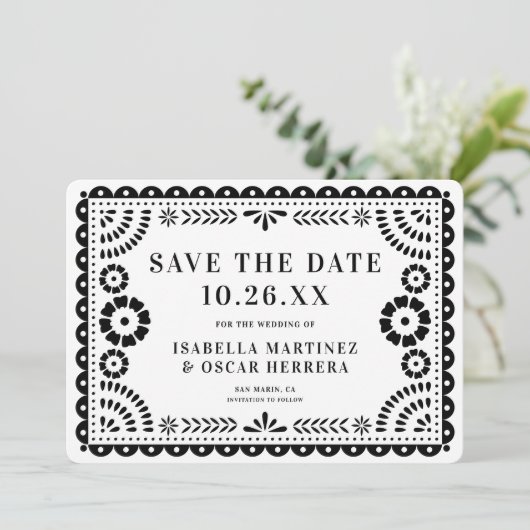 Prachtige Papel Picado Foto B & W bruiloft Save The Date (Staand voorkant)