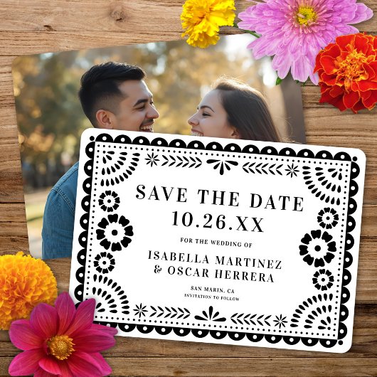 Prachtige Papel Picado Foto B & W bruiloft Save The Date