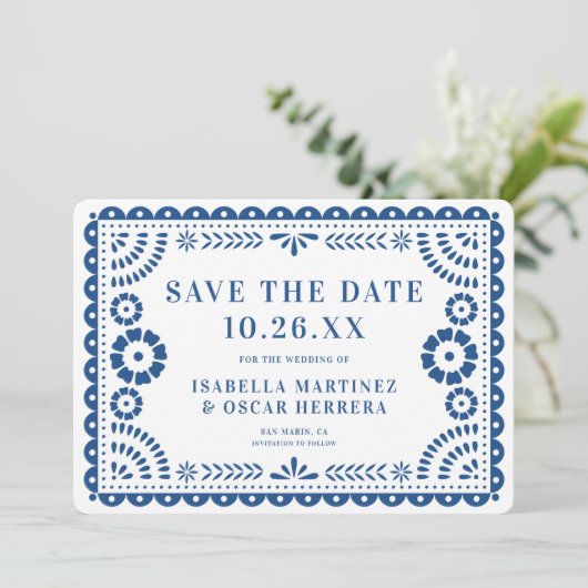 Prachtige Papel Picado Foto Blauw Huwelijk Save The Date (Staand voorkant)