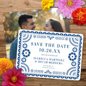 Prachtige Papel Picado Foto Blauw Huwelijk Save The Date