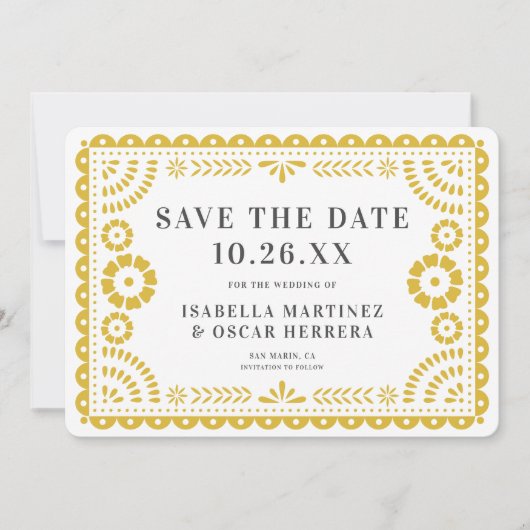 Prachtige Papel Picado Foto Geel Huwelijk Save The Date (Voorkant)