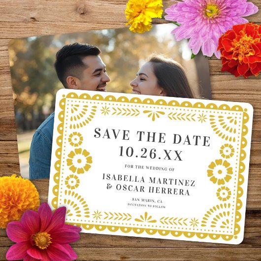 Prachtige Papel Picado Foto Geel Huwelijk Save The Date