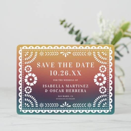Prachtige Papel Picado Foto Sunset Ombré bruiloft Save The Date (Staand voorkant)