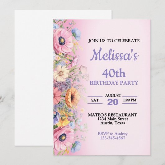 Prachtige Pastel Bloemen Verjaardag Uitnodiging (Voorkant / Achterkant)