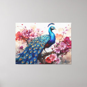 Prachtige pauw met bloemen canvas afdruk