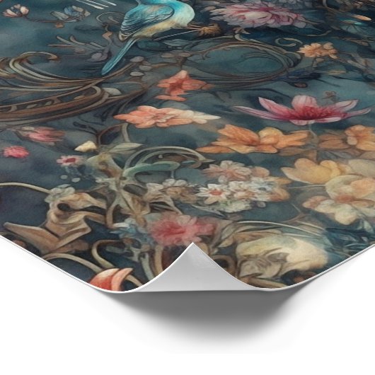 Prachtige periode Rococo tuin vogels en bloemen Poster (Hoek)