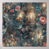 Prachtige periode Rococo tuin vogels en bloemen Poster (Voorkant)