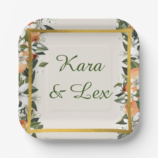 Prachtige perziken en bladeren kleurrijk papieren bordje (Voorkant)