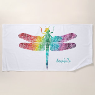 Prachtige regenboogWaterverf Dragonfly gepersonali Strandlaken