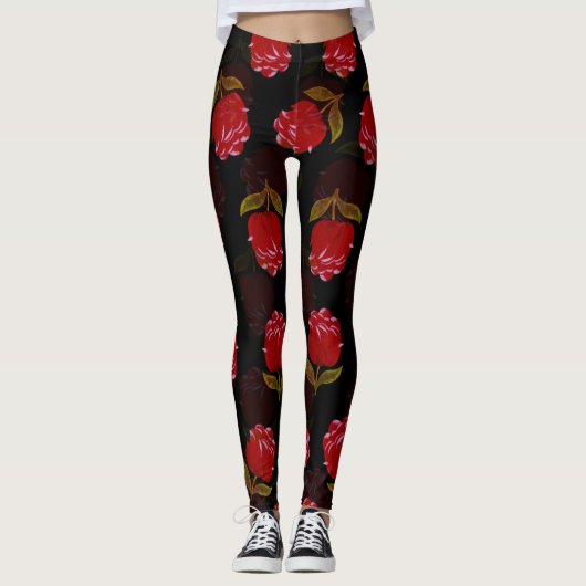 Prachtige rode doorschijnende rozen borduurpatrone leggings (Voorkant)