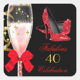 Prachtige rode glitterschoenen met zwarte gouden v vierkante sticker