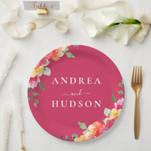 Prachtige Roze Aquarel Bloemen Bruiloft Papieren Bordje