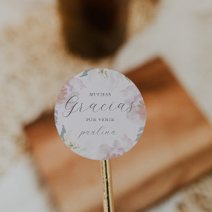 Prachtige roze bloemenquinceañera gracias naam ronde sticker