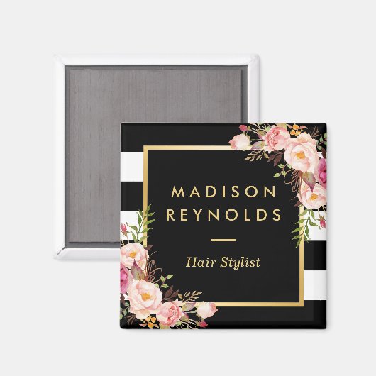 Prachtige roze bloemenzwart wit gestreept magneet (Voorkant / Achterkant)