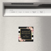 Prachtige roze bloemenzwart wit gestreept magneet (Insitu (Vaatwasser))