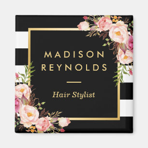 Prachtige roze bloemenzwart wit gestreept magneet