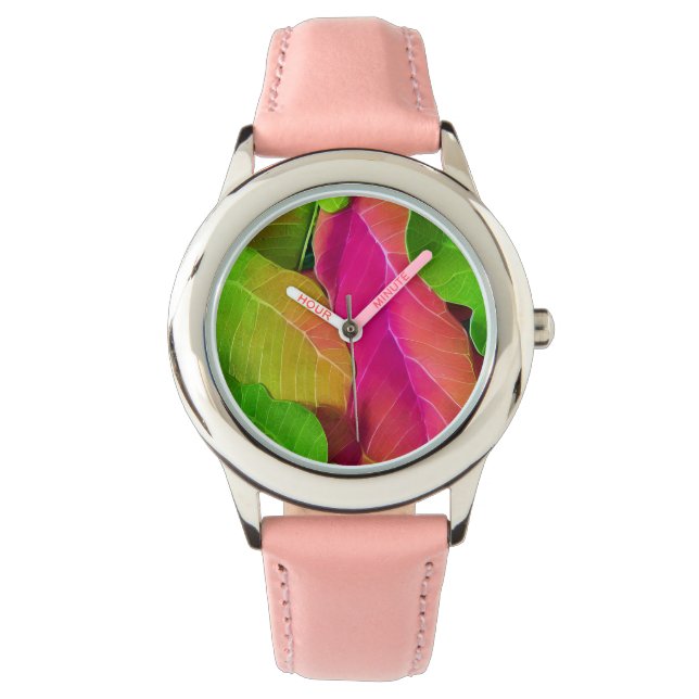 Prachtige roze en groene luifspatroon horloge (Voorkant)