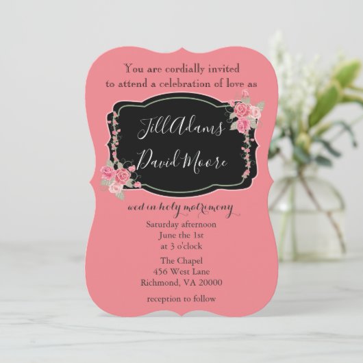 Prachtige roze en zwarte bruiloft kaart (Staand voorkant)