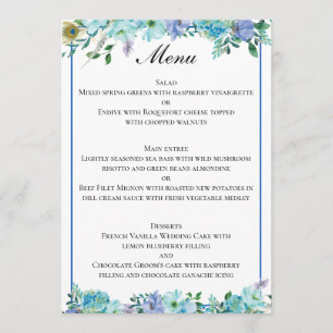 Prachtige saffier blauw bloemenbruiloft menu