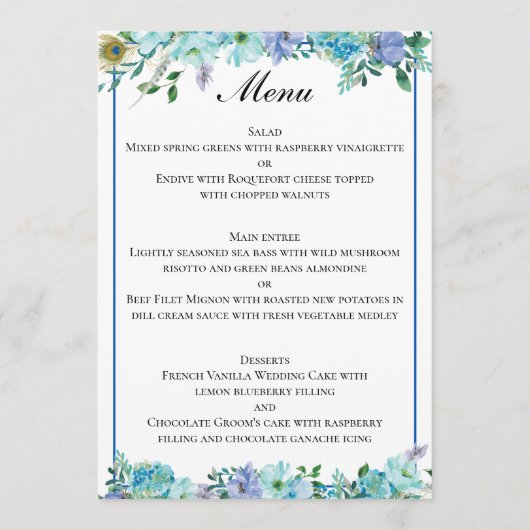 Prachtige saffier blauw bloemenbruiloft menu (Voorkant)