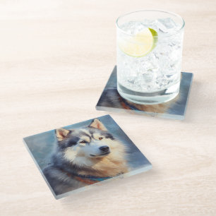 PRACHTIGE SCHILDERIJ VAN EEN ALASKAN MALAMUTE HOND GLAZEN ONDERZETTER