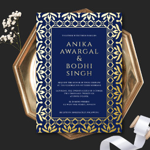 Prachtige Sierlijke Indiase Trouw Dark Blue + Goud Folie Uitnodiging