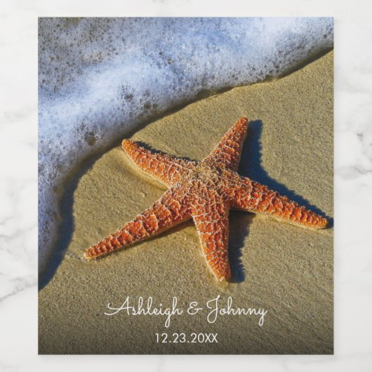 Prachtige strandscène met zeesterren bruiloft wijn wijn etiket (Enkel label)