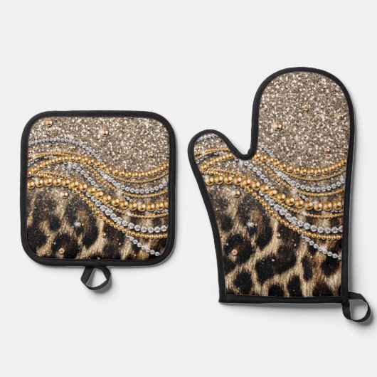 Prachtige teedy Leopard Faux Dierendruk Ovenwant & Pannenlap Set (Voorkant)