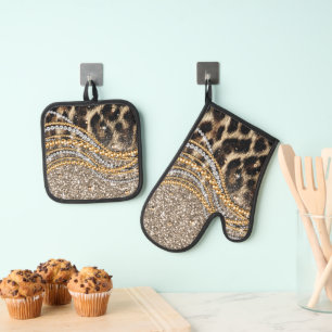 Prachtige teedy Leopard Faux Dierendruk Ovenwant & Pannenlap Set