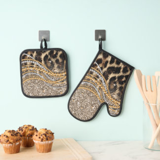 Prachtige teedy Leopard Faux Dierendruk Ovenwant & Pannenlap Set