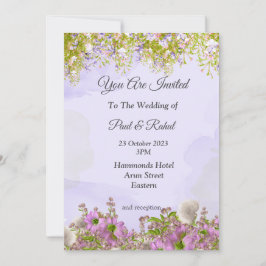 Prachtige trouwkaart, mooie paarse bloemen kaart