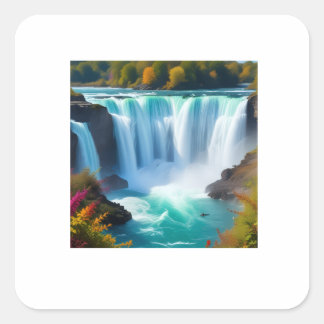 Prachtige Turquoise Waterval | Herfst Natuur Muur  Vierkante Sticker