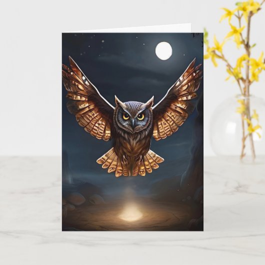 Prachtige uil vliegend bij nacht boven vuur Blank Kaart (Gele Bloem)