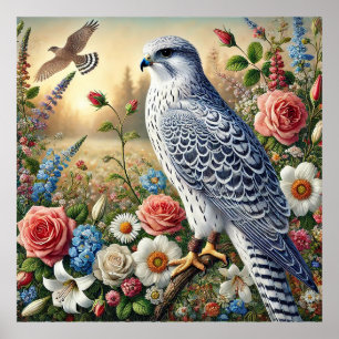 Prachtige valk zit tussen levendige bloemen poster