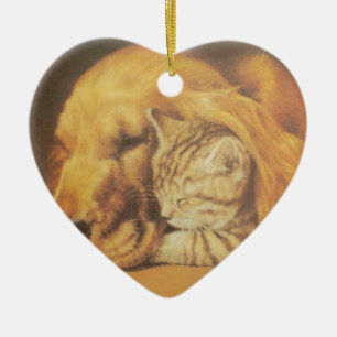 Prachtige verbazingwekkende kat en hond knuffelen keramisch ornament